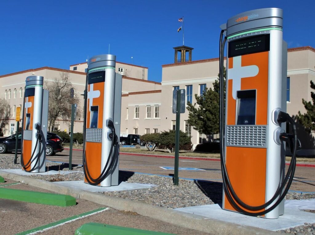 Electric charging stations in a parking lot