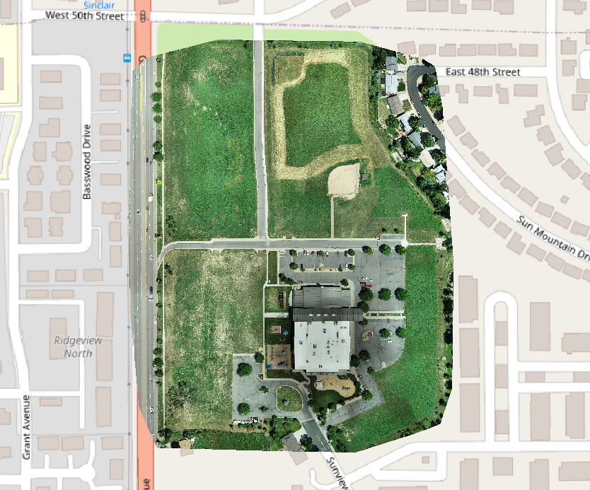 orthomosaic image of a church and property, overlain on a map